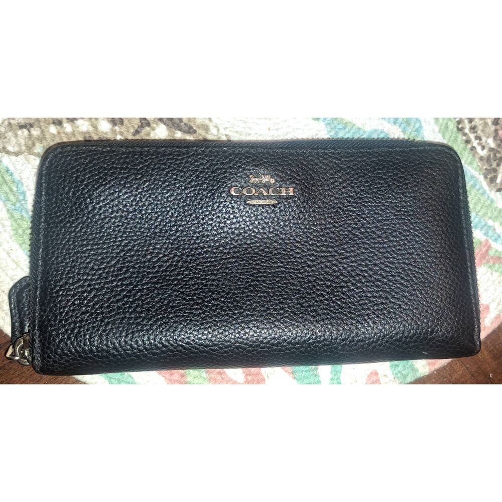 Authentic Coach Black Pebbled Leather Zip Around Long Wallet Gold Hardware